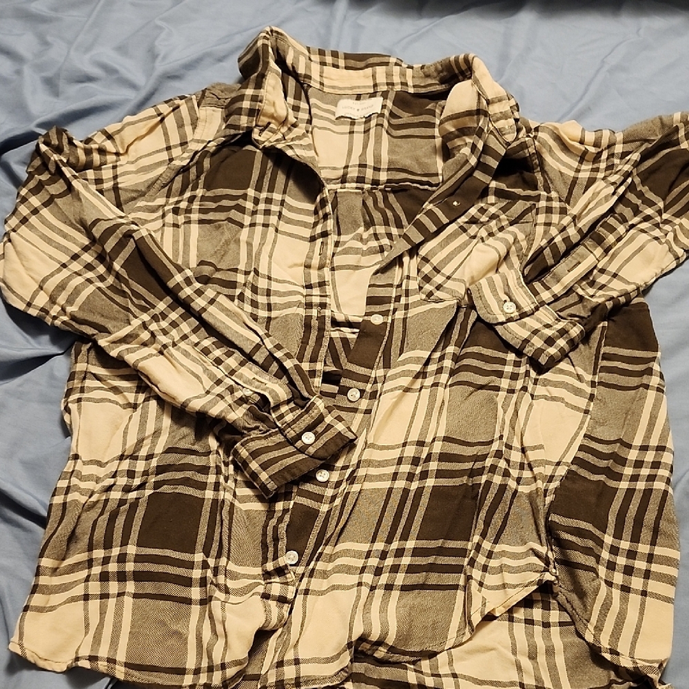 Lucky Brand Tan and Brown Plaid Button Down Shirt